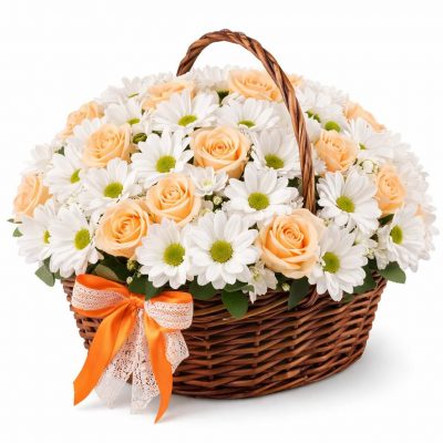 Корзинка с хризантемами и розами «Нежная элегия»