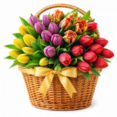 Тюльпаны в корзине «Яркая гамма»