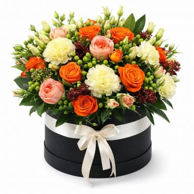 Цветы в шляпной коробке «Оранжевый шик»