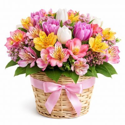 Цветочная композиция в корзине «Сиреневый рассвет»