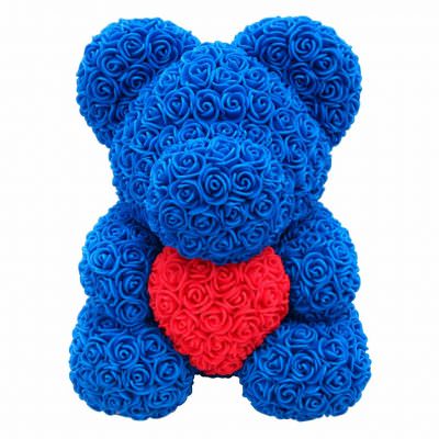 Мишка из роз синий с красным сердцем (40 см)