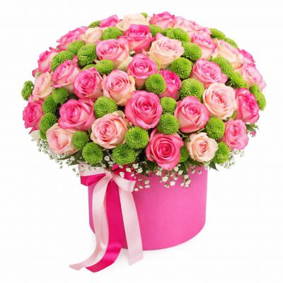 Коробка с розами и хризантемами «Цветущий сад»