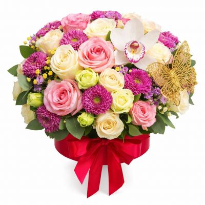 Шляпная коробка с букетом «Золотое очарование»